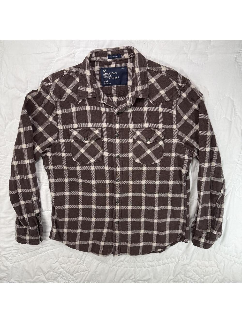 American Eagle Outfitters brown plaid flannel Snaps shirt Size L
